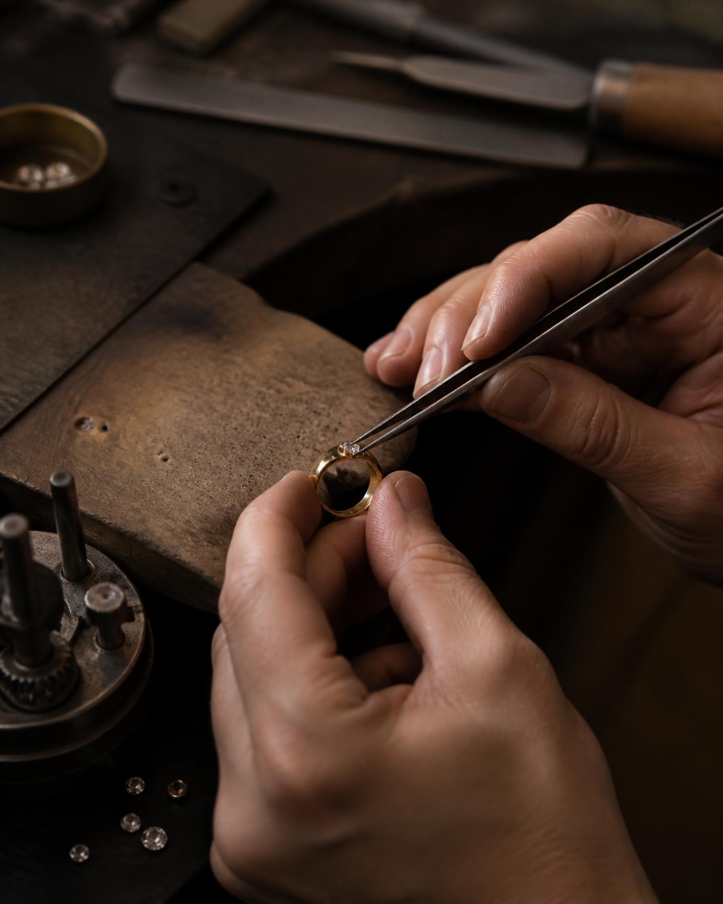 A jeweller setting a diamond into a gold ring