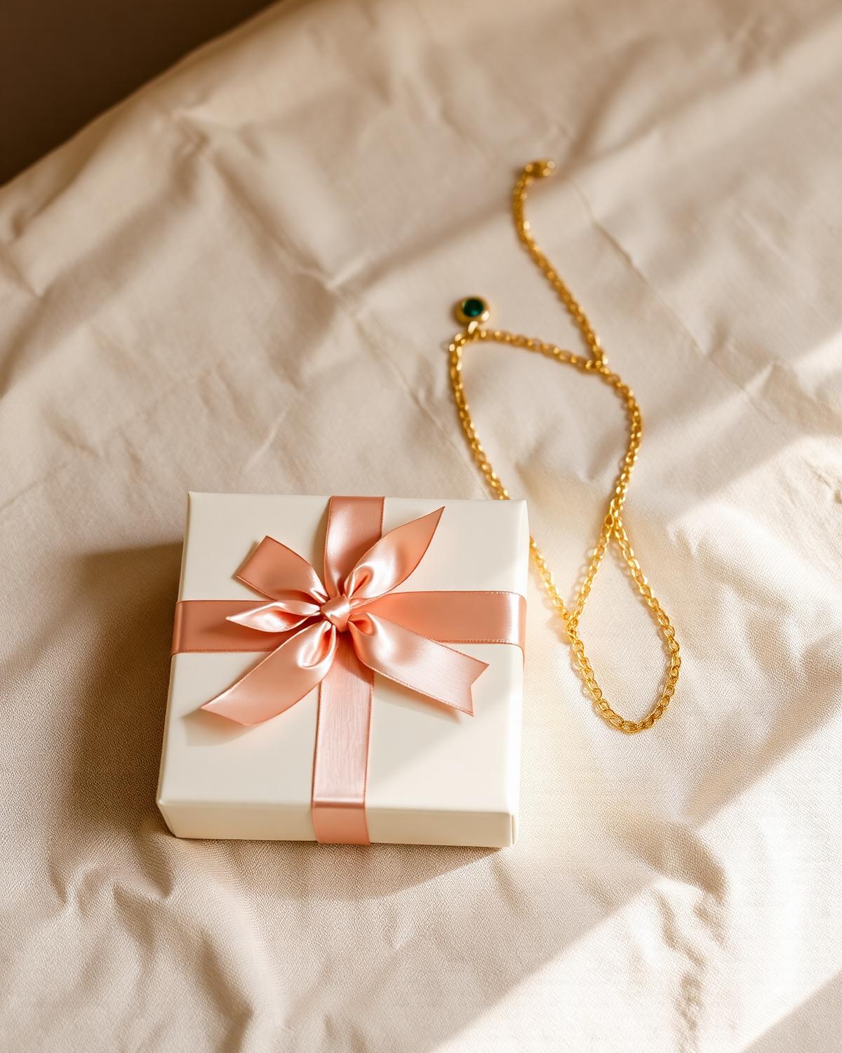 A Turquoise accessories gift box with a gold chain on linen